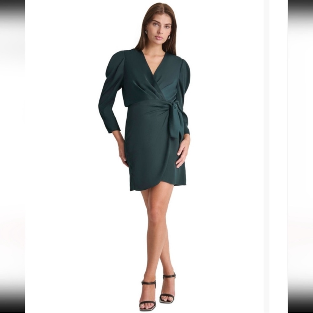DKNY Dark Green Wrap Mini Dress with Puff Sleeves
